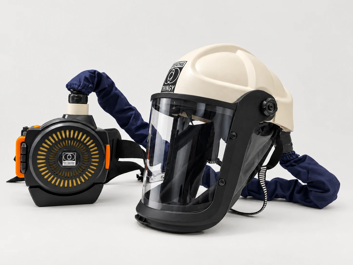 Breathie Thingy helmet, curved hose and belt-mounted blower, three-quarter view