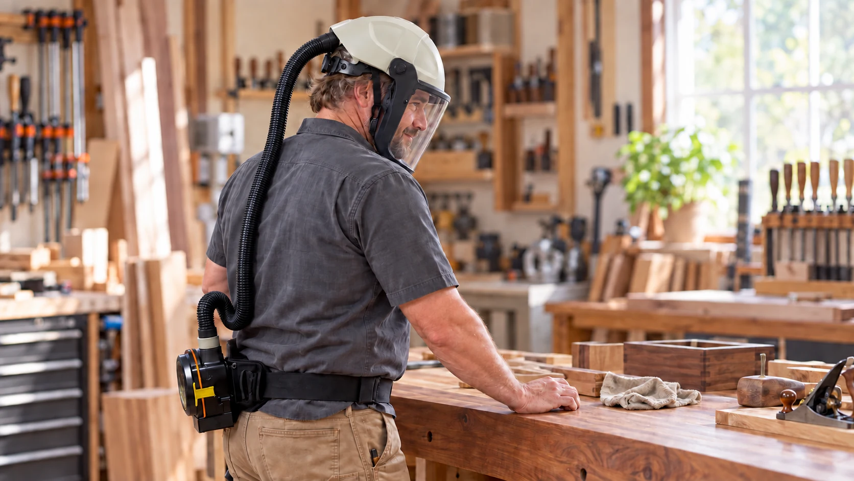 Illustration of a woodworker wearing the Breathie Thingy